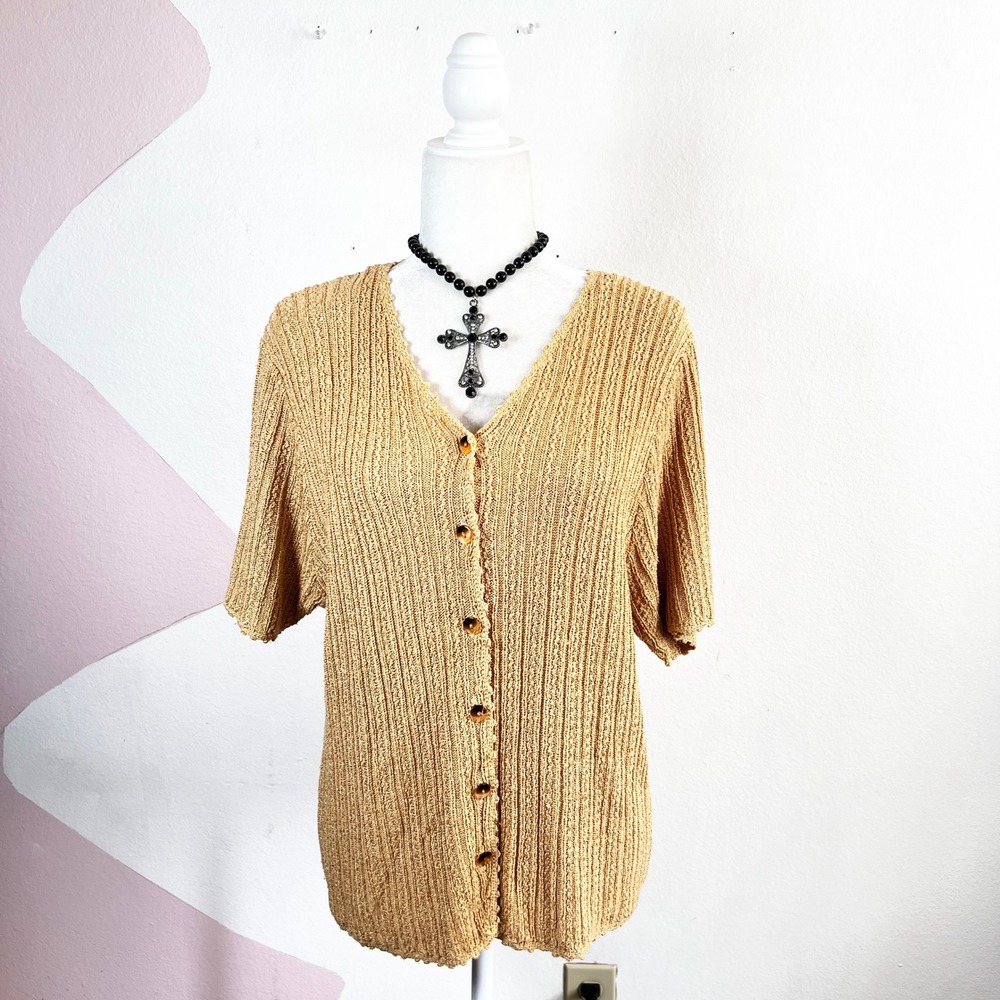 Vintage 90s Crochet Cardigan Sz XL Gold Festival Silk Blend‎ Vacation